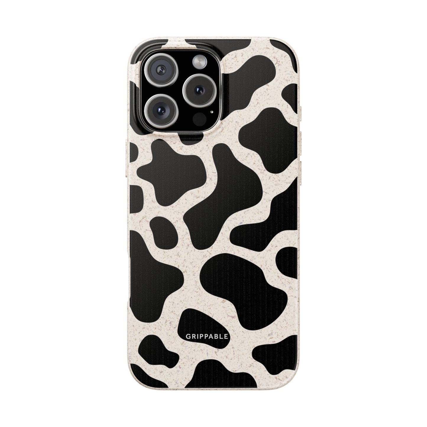 Phone case with black and white cow print pattern on a white background