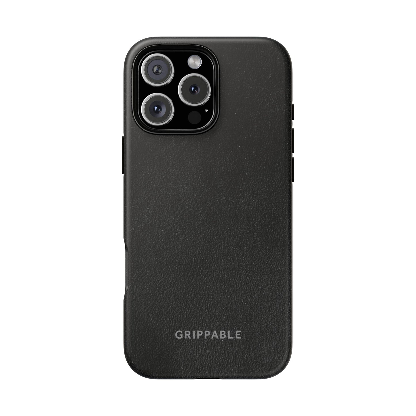 Black suede effect phone case with 'Grippable' branding on a white background