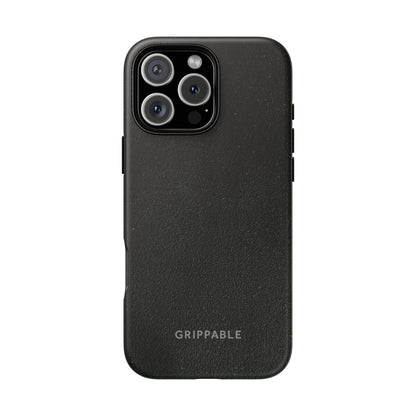 Black suede effect phone case with 'Grippable' branding on a white background