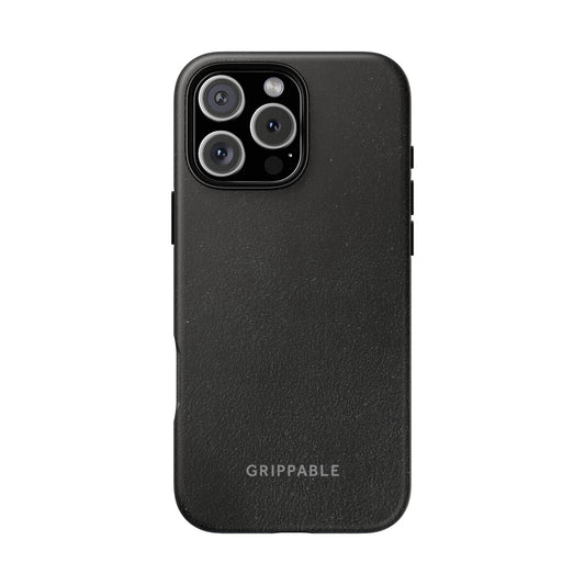 Black suede effect phone case with 'Grippable' branding on a white background