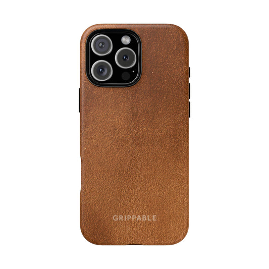 Brown phone case with 'Griippable' branding on a white background