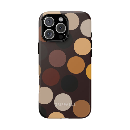 Phone case with colorful polka dot pattern on a white background