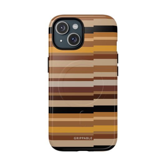 Phone case with brown and beige striped pattern on a white background